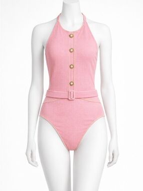 Jonathan Simkhai cherry blossom Halter One-Piece with Gold Buttons